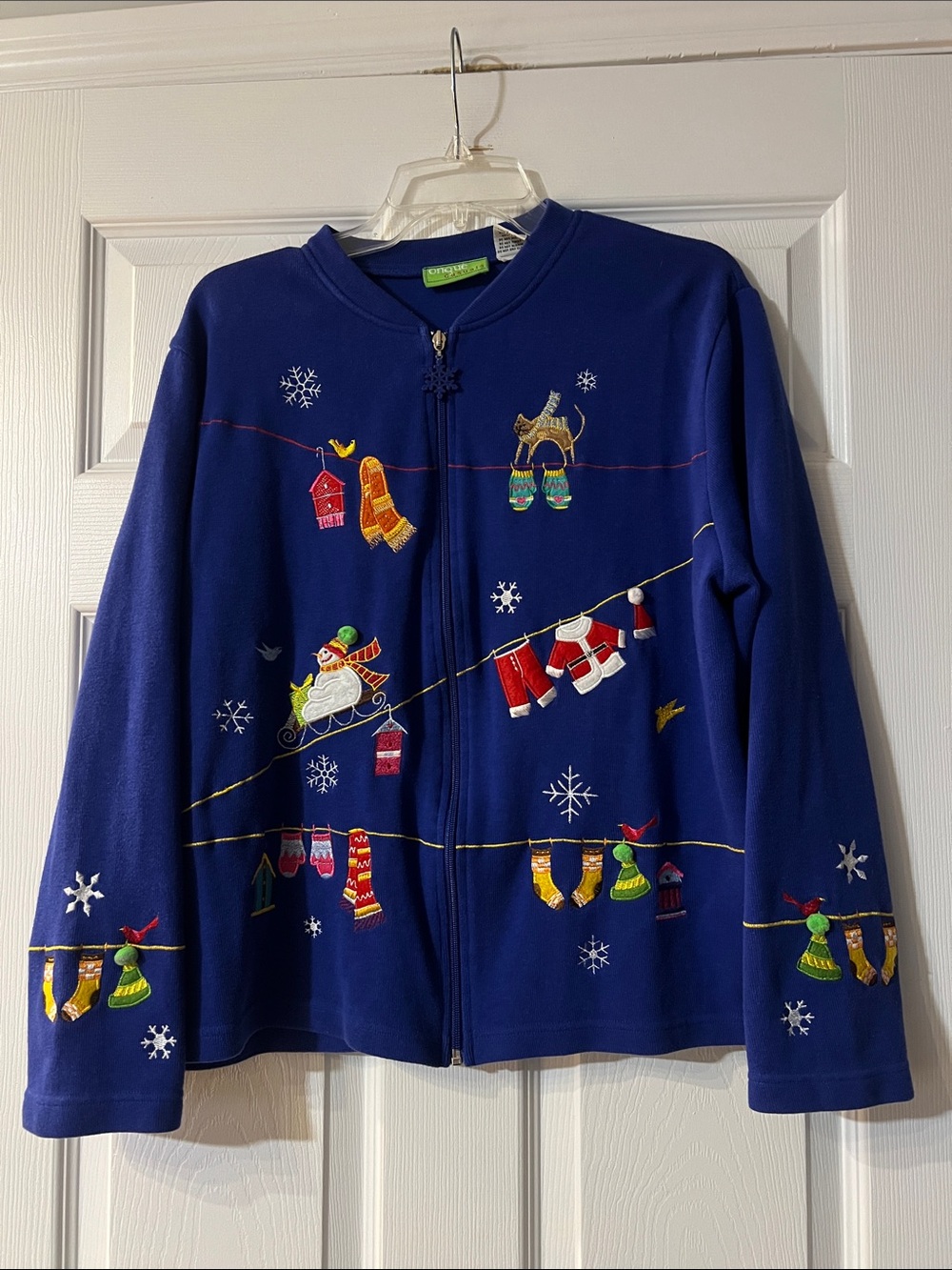 Onque Casuals Royal Blue Holiday Embroidered Zip Cardigan